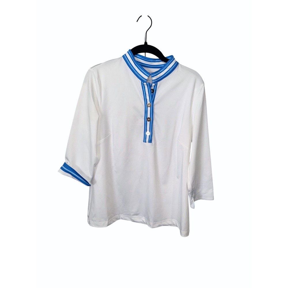 Gretchen Scott‎ Mandarin Top Women M White Blue Striped Trim 3/4 Sleeve Stretch